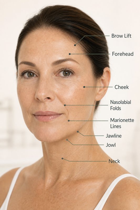 Treatment areas including brow lift, forehead, cheek, nasolabial folds, marionette lines, jawline, jowl, and neck